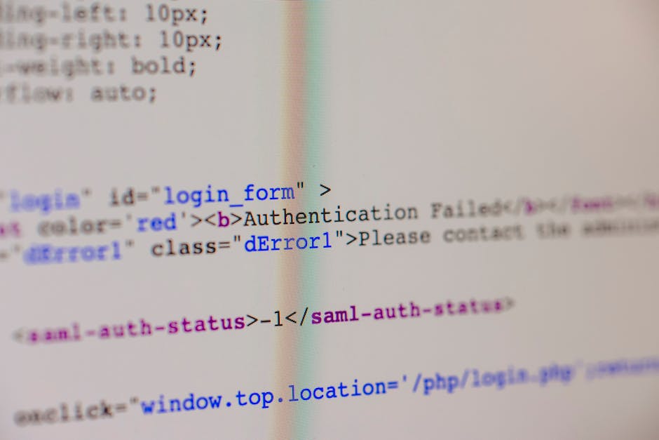 A detailed close-up of a computer screen displaying HTML code related to a login form, featuring various tags and attributes such as 'login_form', 'error', and 'saml-auth-status', with visible text in